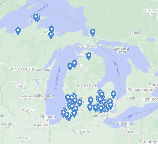 Map of the state of Michigan, marking locations of the Computational Thinking districts throughout the state