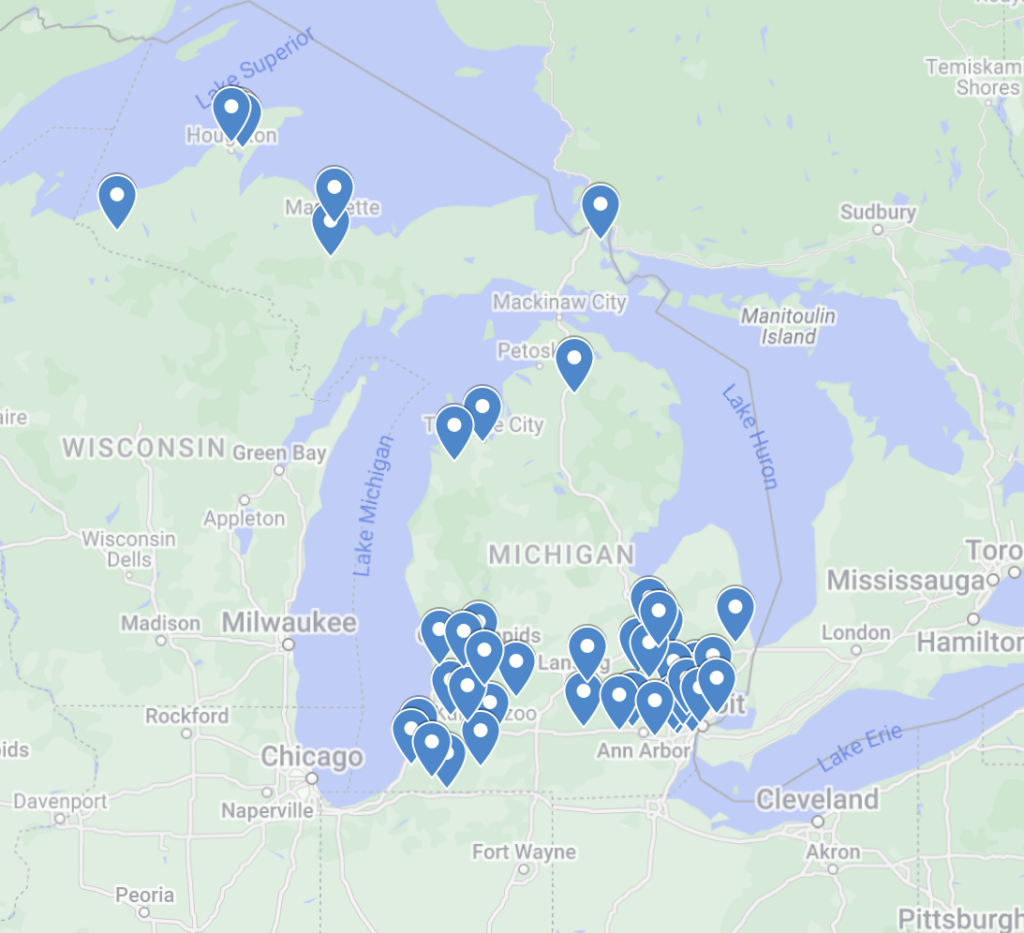 Map of Michigan with pins for each CT partner district 2024-2025